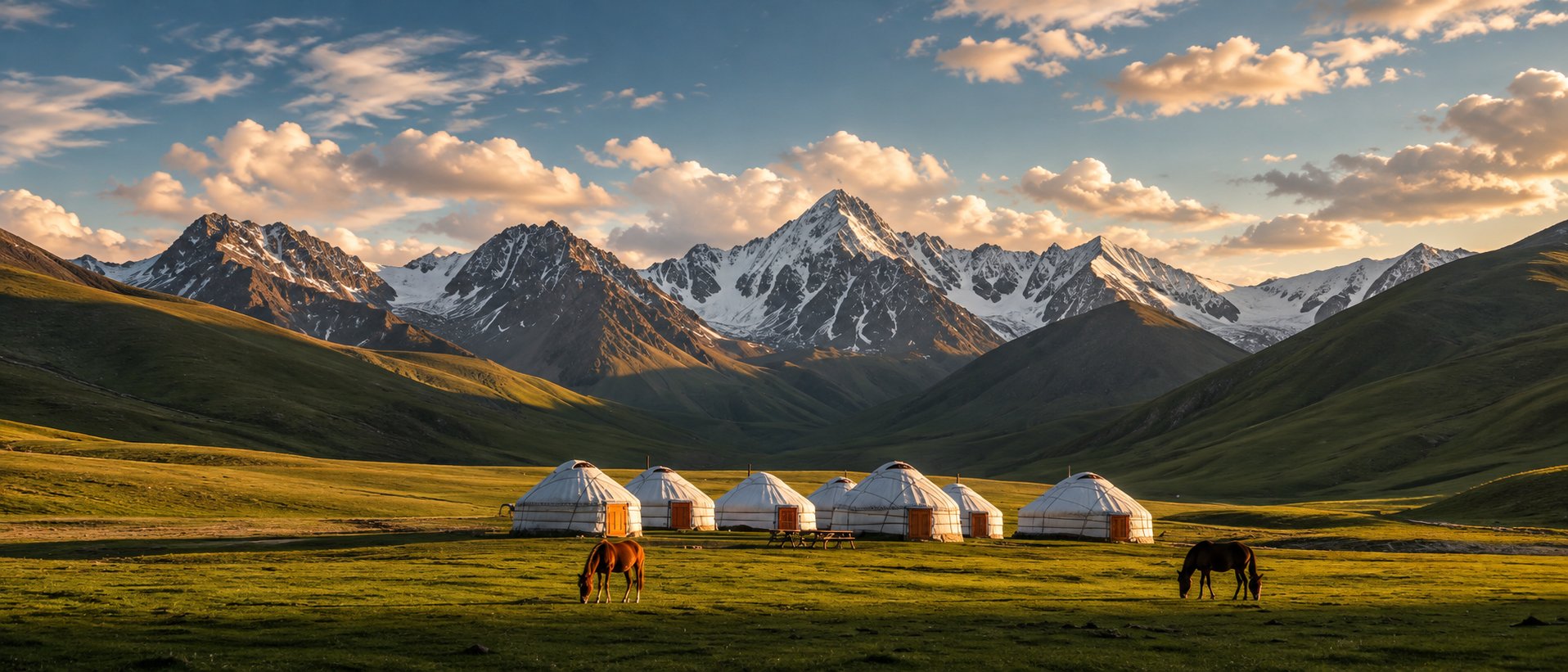 A yurt camp on a mountain pasture in Central Asia at sunset, with two horses grazing nearby